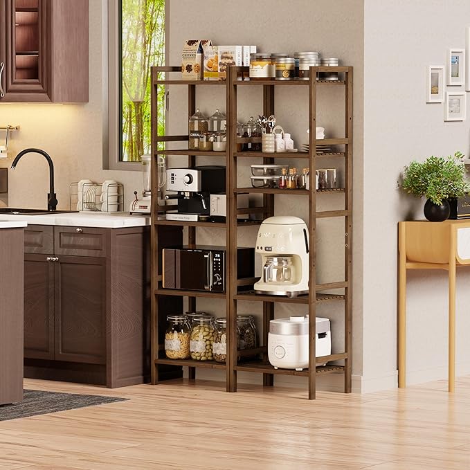 Bamboo Book Shelf, Tall Narrow Bookcase, Bathroom shelving Unit 5 tier Floor Standing Adjustable Bookshelf for Small Spaces, Walnut