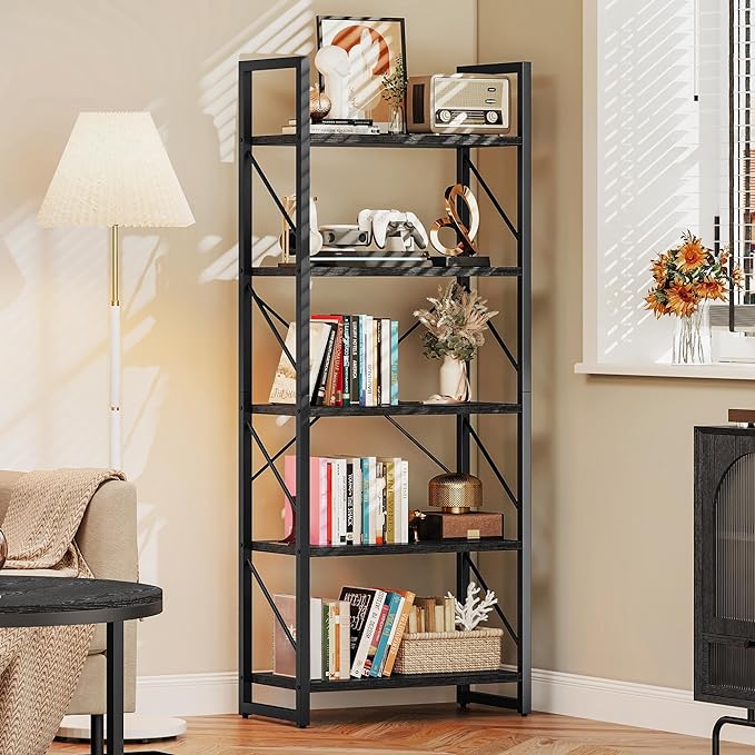 DWVO 5 Tier Bookshelf Black Bookcase, Storage Shelves Organizer Standing Shelf, Display Rack Book Shelves for Bedroom,Living Room,Office,Kitchen, Black