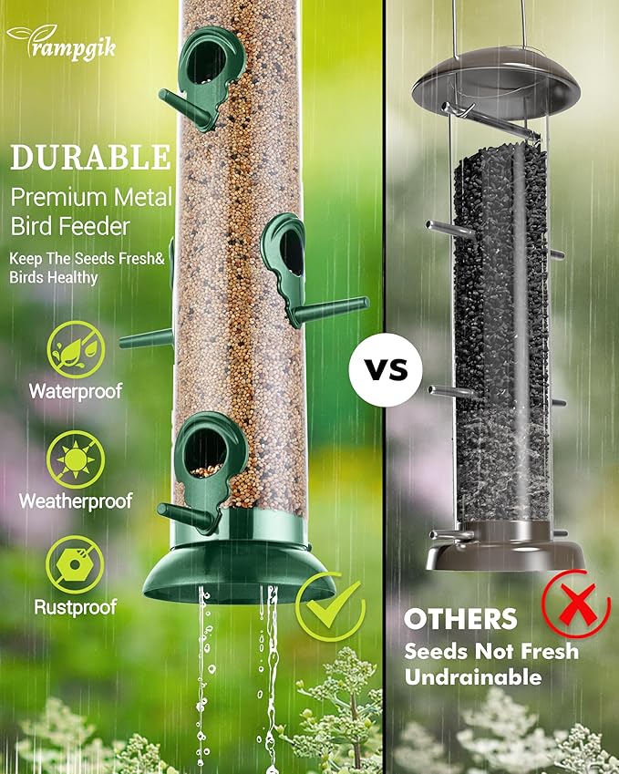 Bird Feeders for Outdoors Hanging,Finch Feeders for Outside,Chew-Proof Hanging Bird Feeder,Rust-Proof Birdfeeder,Squirrel Proof 6 Ports Metal Bird Feeder,14 Inch,1 Pack,Green