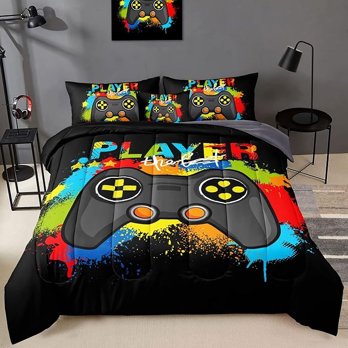 Gamer Comforter Set Gaming Twin Size,Video Game Controller Comforter for Boys Kids Adult 3D Gamepad Microfiber Bedding Sets 5 Pieces Bed in A Bag Sets30019,Twin