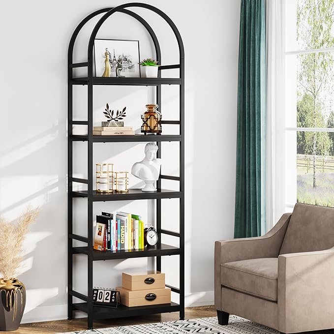 Tribesigns 5-Tier Open Bookshelf, 74.4" Wood Bookcase Storage Shelves with Metal Frame, Freestanding Display Rack Tall Shelving Unit for Office, Bedroom, Living Room, Easy Assembly(Black, 1PC)