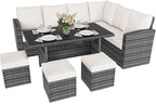 IDEALHOUSE 7 Pieces Outdoor Dining Set,Patio Sectional Sofa Conversation Set All Weather Wicker Rattan Couch Dining Table & Chair with Ottoman Beige