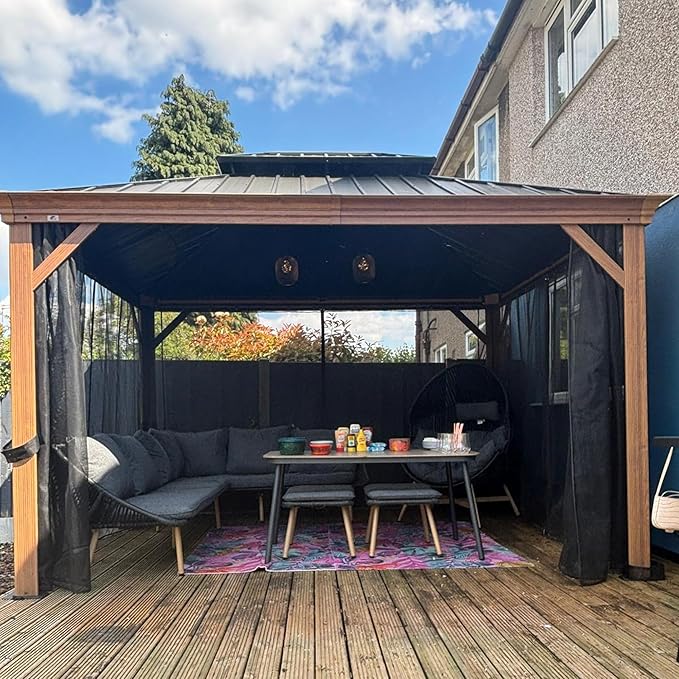 PURPLE LEAF 10' X 12' Outdoor Hardtop Gazebo for Patio Galvanized Steel Double Roof Permanent Canopy Teak Finish Coated Aluminum Frame Pavilion Gazebo with Netting
