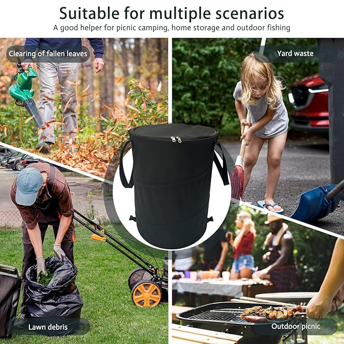 Pop up Camping Trash can with lid, 2-Pack Collapsible 24 Gallons Trash can with Sorting Clips, Garden Garbage Bag with Lid, Lawn and Leaf Bags - Reusable Yard Waste Bags (2Pcs-Black)