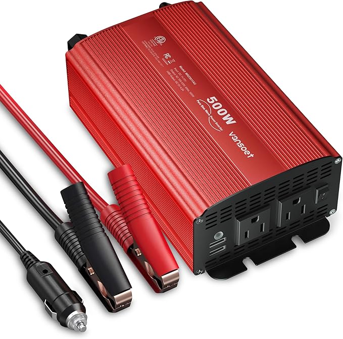 500W Pure Sine Wave Power Inverter, DC 12V to 110V AC Car Plug Inverter Adapter with 4.2A Dual USB Charging Ports and 2 AC Outlets Car Charger (Red)