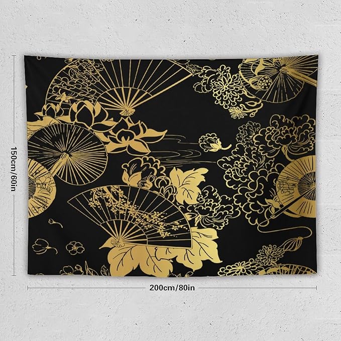 HZOHNAGO Japanese Tapestry Gold Flowers Umbrella Fan Pattern Printed Wall Tapestry Painting Wall Hanging for Bedroom Living Room Dorm 80" W x 60" H