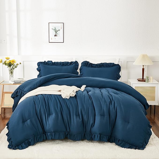 Andency Navy Blue Full Size Comforter Set(79x90Inch), 3 Pieces(1 Ruffle Comforter and 2 Pillowcases) Lightweight Fluffy Bedding Comforter Sets Full Bed, All Season Soft Microfiber Bedding Set