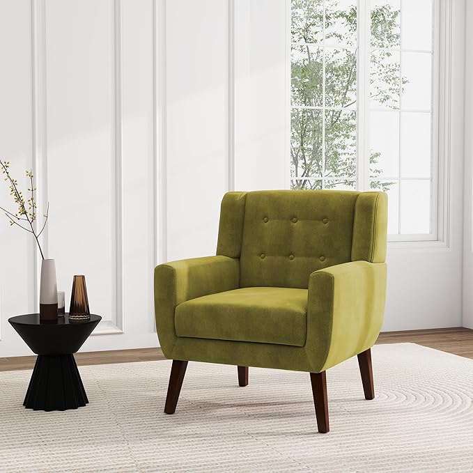 UIXE Accent Chair, Velvet Upholstered Armchair for Living Room, Modern Club Arm Chairs Comfy Single Sofa Button Tufted Bedroom Reading Seat - Green, Set of 4