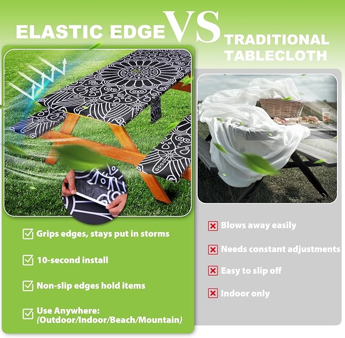Picnic Table Cover with Bench Covers Vinyl Elastic Edges Fitted Rectangle Tables Seat Waterproof 3-Piece 96X30in Set Outdoor Rectangular Folding Backing Tablecloth Camping Over Size BlackMandala