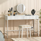 Treocho Computer Desk with USB Charging Ports and Power Outlets, Modern Simple 47 inch White Desk with 2 Drawers, Vanity Desk, Makeup Table for Home Office, Bedroom