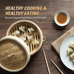 MacaRio 10 Inch Bamboo Steamer Basket Set Dumpling Steamer for Cooking | 2-tier with lid side handles chopsticks ceramic sauce dishes 50 paper liners for dumplings buns vegetables