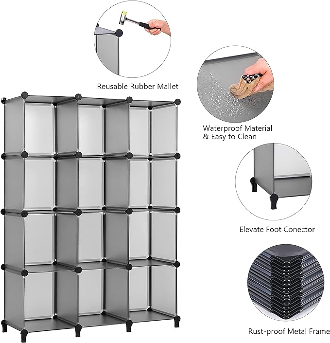 ANWBROAD Cube Storage Organizer 12-cube DIY Modular Closet Organizer Plastic Bookshelf Bookcase Storage Shelves Units Rubber Hammer for Bedroom Office Living Room ULCS012H