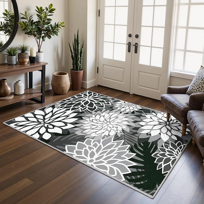 Area Rug 3x5 Black White Washable Entry Rug Multicolored Tropical Botanical Modern Floral Indoor Kitchen Door Mat Entrance Carpet Non Slip for Bedroom Living Room, Porch