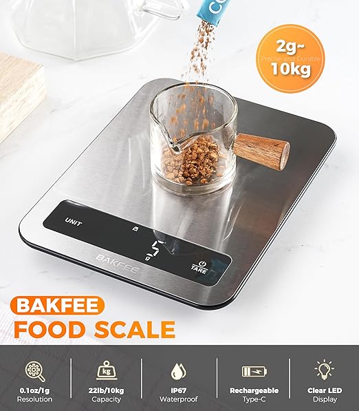 Waterproof Kitchen Food Scale, 1g/22lb, IP67, Rechargeable, Grey | Premium Stainless Steel & Tempered Glass, Clear LED Display, with 6 Units, Tare, Ideal for Cooking, Making Sourdough Bread