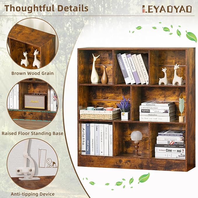 LEYAOYAO 8 Cube Bookshelf with Base,3 Tier Mid-Century Modern Brown Bookcase,Standing Wide Bookshelves Storage Organizer Shelf,Rustic Wood Display Cabinet Book Shelves for Bedroom,Living Room,Office