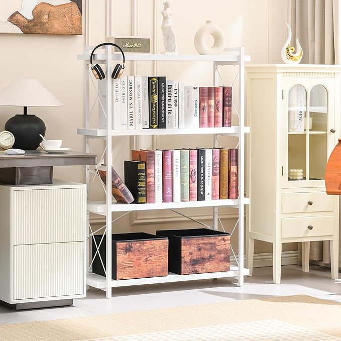 HCHQHS Bookshelf, 4-Tier Industrial Bookcase, White Open Book Shelf, Freestanding Tall Bookshelves with Metal Frame