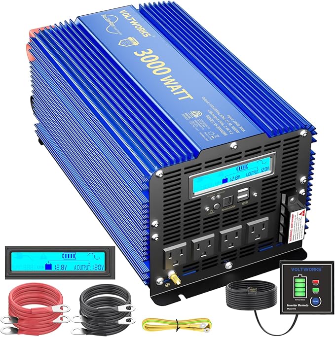 VOLTWORKS 3000W Pure Sine Wave Power Inverter 3000 Watt 12V DC to 110V 120V AC ETL Listed UL458 Compatible with Starlink & Lithium Battery for Off-Grid Solar Car RV Truck Boat with 30FT Wired Remote