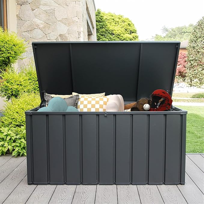 Heavy-Duty Outdoor Metal Storage Box Dark Gray Lockable Water-Resistant Deck Box for Patio Garden Tools Organization Rust-Resistant Outside Storage Box (150 Gallon)
