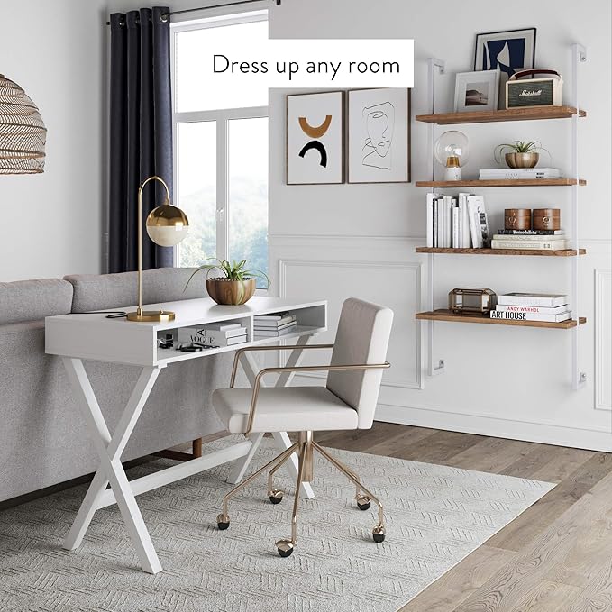 Nathan James Theo 4-Shelf Bookcase, Floating Wall Mount Shelves with Natural Wood and Industrial Pipe Metal Frame, Oak/White