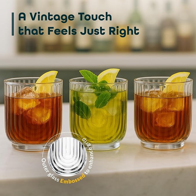Glaver's Vintage Glassware Art Deco Glasse Ribbed Drinking Glasses U-Shape Arch Design Colored Cocktail Kitchen Tumblers Everyday Dinner Decorative Party (Clear S/4 11oz)
