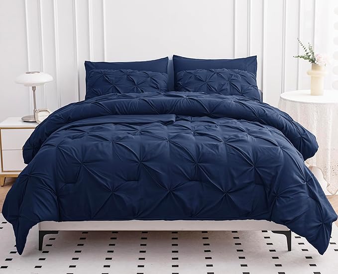 LANE LINEN Twin XL Comforter Set, 5 Piece Twin XL Bedding, Pintuck Twin XL Bed in a Bag, Twin XL Bedding Comforter Sets, Twin XL Bed Comforter Set with Sheets, Pillowcase & Sham, Bed Set - Navy Blue