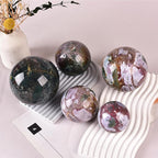 JIC Gem Large Healing Crystal Sphere with Stand Ocean Jasper Crystal Gemstone Decorative Ball for Home Decor Altar Reiki Healing Gift 90-100mm