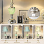Bedside Table Lamp Set of 2 with Nightlight and USB A+C Ports, 27'' High Vintage Table Lamps with Silver Leaf Finish and Embroidered Shade, Nightstand Lamps Decor for Bedroom Living Room Home Office