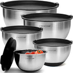 Priority Chef Premium Mixing Bowls With Lids Set, Airtight Lids, Thicker Stainless Steel, Non-Slip Base, 5 Nesting Steel Bowls for Kitchen, Large Prep Metal Bowl Set 1.5/2/3/4/5 Qt, Black