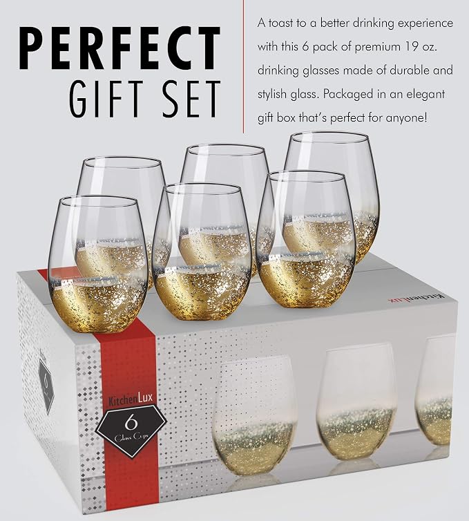 Kitchen Lux 18 oz Gold Rimmed Stemless Wine Glasses for Parties – Set of 6 Gold Wine Glass Cocktail Tumblers – Large Crystal Clear Wine Cups - Deluxe Glassware Gift for Christmas - Dishwasher Safe