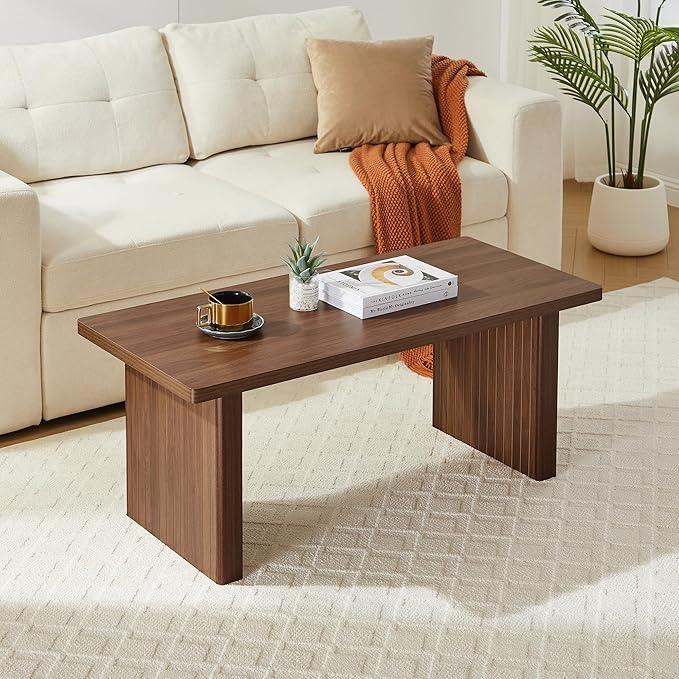 Rectangular Fluted Coffee Table, Farmhouse Wood Coffee Table Mid Century Modern Center Table Boho Living Room Tables for Living Room Office (Walnut, 19.69" D x 43.3" W x 17.72" H)