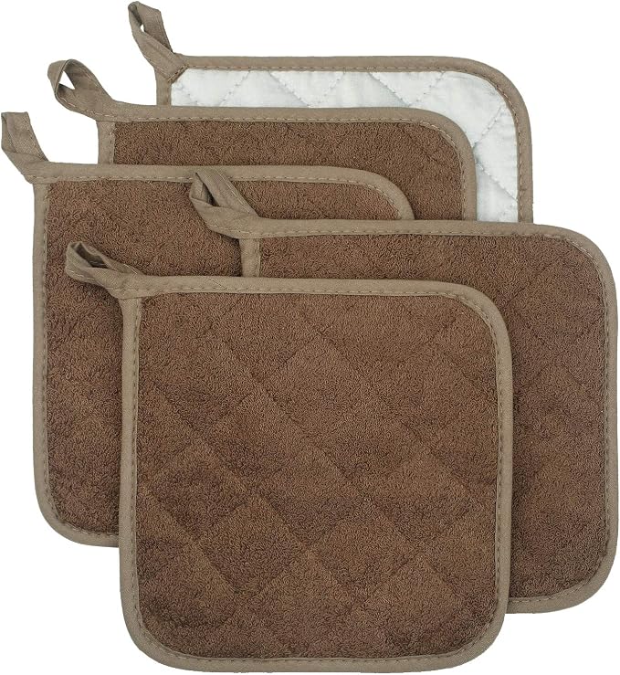 100% Cotton Kitchen Everyday Basic Terry Pot Holder Heat Resistant Coaster Potholder for Cooking and Baking Set of 5 Brown