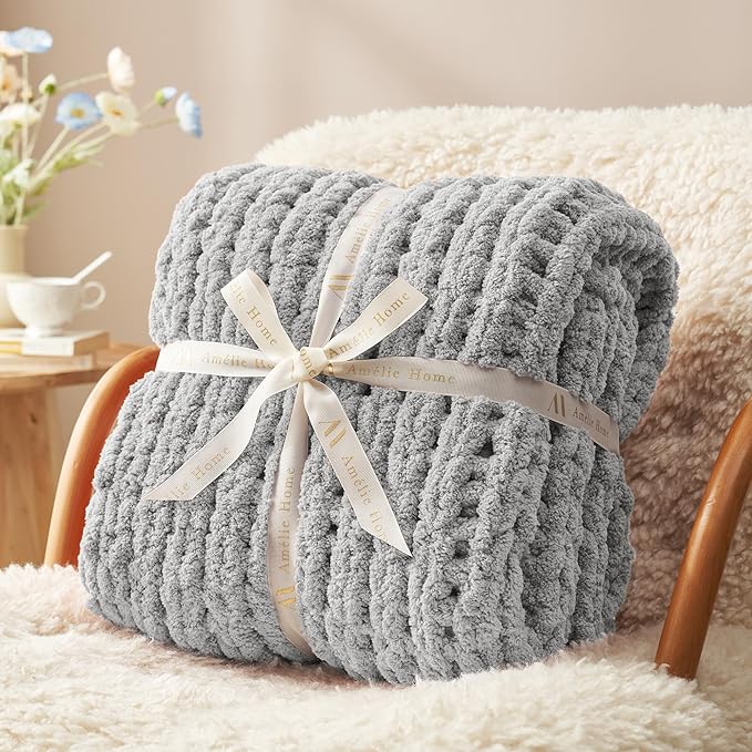 Amélie Home Chunky Knit Throw Blanket for Couch, Soft Chenille Crochet Blanket for Sofa, 50"x60", Light Grey