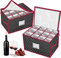 Christmas Stemware Storage Cases with Dividers- Holds 24 Wine Glass Storage or Crystal Glassware Containers, China Storage Containers with 2 Handles and Lable Window -Set of 2 Black