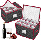 Christmas Stemware Storage Cases with Dividers- Holds 24 Wine Glass Storage or Crystal Glassware Containers, China Storage Containers with 2 Handles and Lable Window -Set of 2 Black