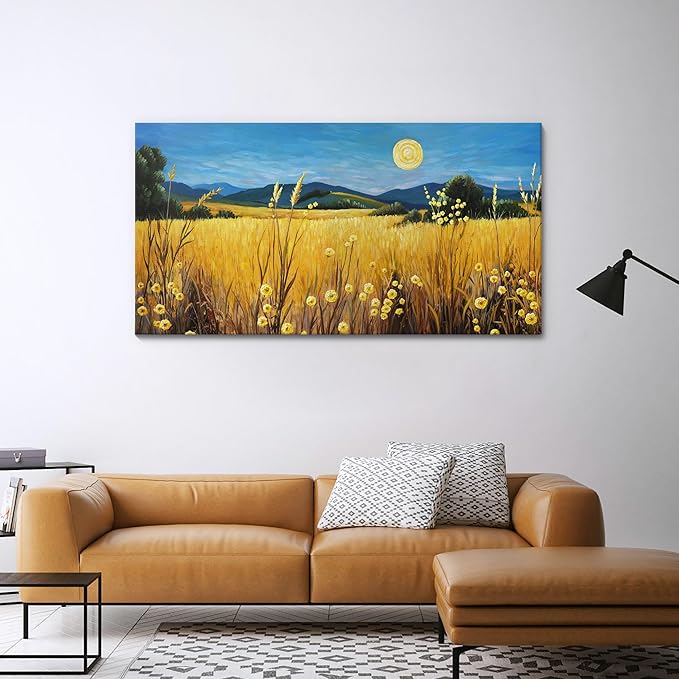 AJAZIKO Landscape Wall Art Moon Framed Canvas Wall Art Large Yellow Living Room Wall Decor Fall Paintings for Bedroom Nature Office Artwork 24×48IN