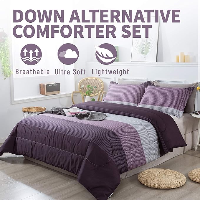Andency Stripe Comforter Set Queen Size (90x90 Inch), 3 Pieces Purple and Gray Patchwork Striped Comforter, Soft Microfiber Down Alternative Comforter Bedding Set with Corner Loops