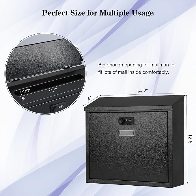 xydled Mail Boxes with Combination Lock,Locking Mailbox Wall Mounted,Security Metal Mailbox Drop Box, Modern Large Capacity,Steel Cover Metal Postbox for House Home Outside, Black, 14.2''x12.6''x4''