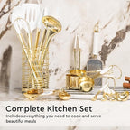 Styled Settings White and Gold Kitchen Utensils Set, 23-Piece | Stainless Steel, Gold Kitchen Accessories Include Measuring Cups, Silicone Utensils, Utensil Holder -Gold Kitchen Accessories