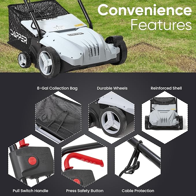 13-Inch 2-in-1 Electric Dethatcher and Scarifier Lawn Dethatcher with 8-Gallon Removable Thatch Collection Bag, 4-Position Depth Adjustment, 12 Amp, Quick-Fold, Keeps Lawn Healthy