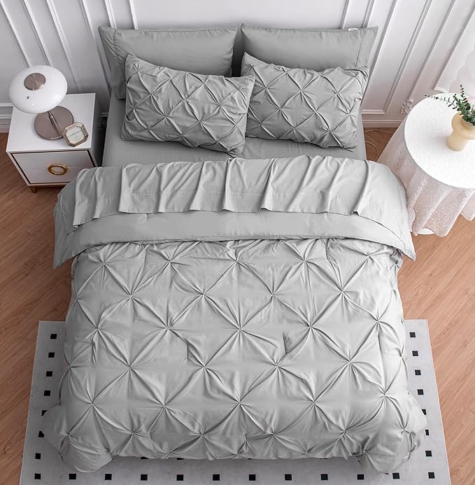 LANE LINEN 7 Piece Queen Comforter Set with Sheets, Pintuck Bedding Queen Size Set, Soft Bed in A Bag Queen, Pinch Pleated Queen Bed Set, Fluffy Queen Bedding Set with Pillowcases & Shams - Silver