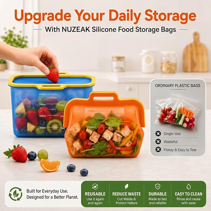 Magnetic Seal Reusable Silicone Food Storage Bag, 68 oz, NUZEAK | Magnetic Fast Seal, Stand-Up Freezer Bag for Food, Fruit, Snacks, Sandwiches and Meal Prep, Dishwasher Safe, 1 Pack