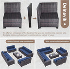Patio Furniture Set Sofa 12-Pieces Wicker Sectional Sofa Set, Outdoor Furniture Rattan Patio Conversation Set with Thickened Cushions and Glass Coffee Table, Navy Blue