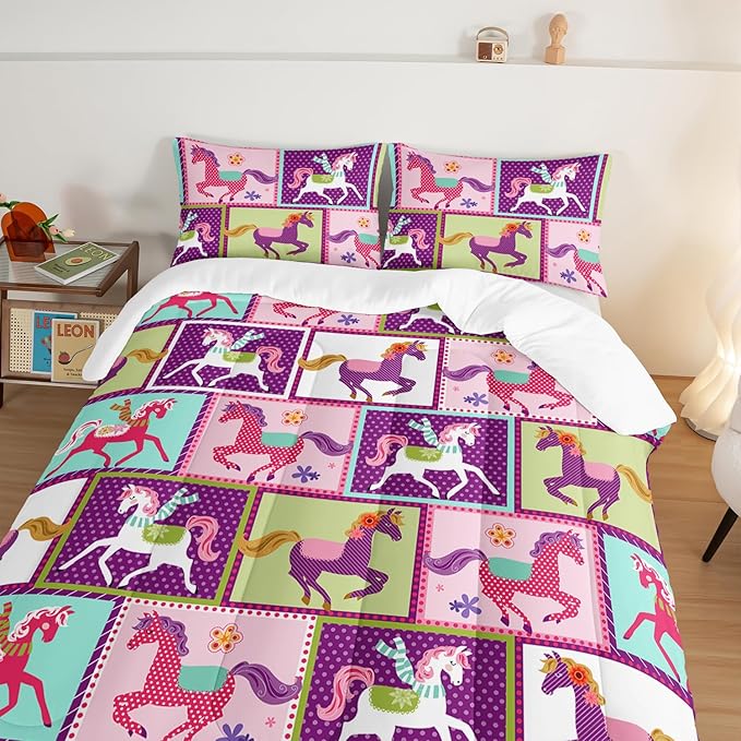 HOSIMA 3Pcs Kawaii Kids Horse Comforter Set with 2 Pillowcases,Colorful Dots Style Full Size Bed in a Bag Set for Adults Teens Princess Toddler Bedding Set,Horse Pony Full Size Comforter Sets.