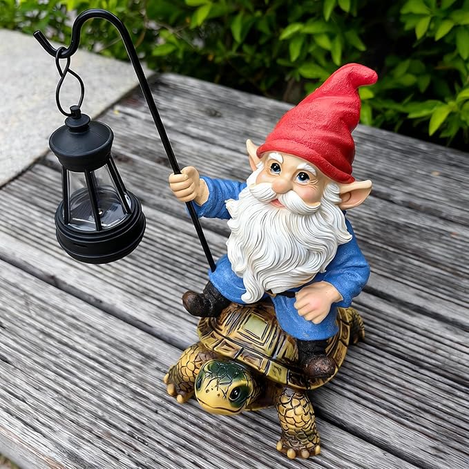 Garden Gnome Statue Riding Turtle - Garden Gnomes Decorations with Solar LED Lights, 7.9" Outdoor Resin Figurine Ornament for Patio, Yard, Funny Lawn Decor (Colored)