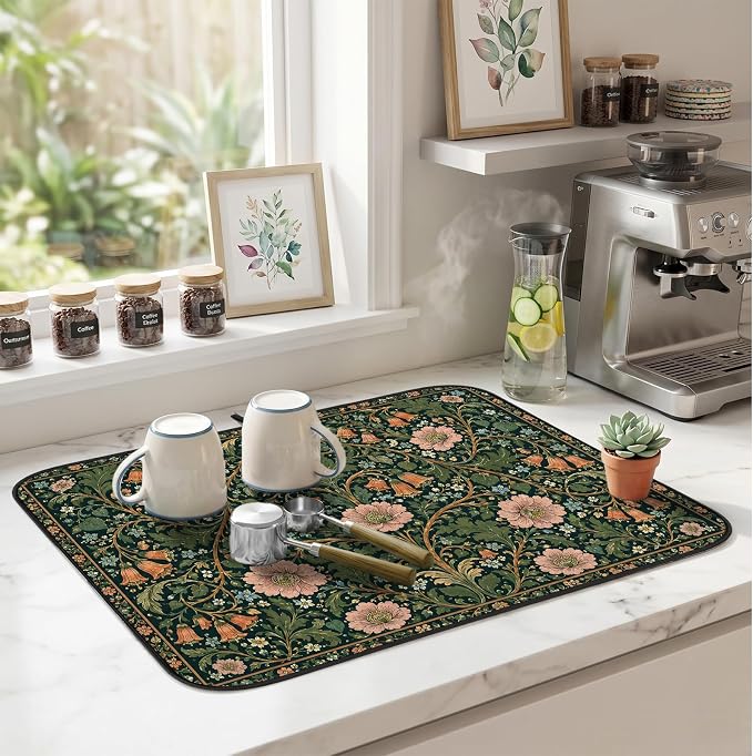 Vintage Floral Dish Drying Mat for Kitchen Counter Coffee Bar 18x24 in | Decorative Non Slip Absorbent Kitchen Dishes Drainer Mat, with Anti-slip Rubber Backing & Hanging Loop, for Sink, Home Gift