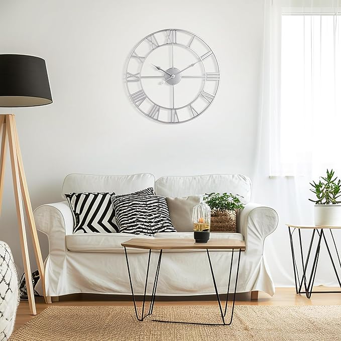 Large Wall Clock - 40cm/ 16 Inches Silent Non-Ticking Metal Wall Clock, Vintage Modern Silver, Battery Operated, Ideal for Living Room, Bedroom, Office, Farmhouse Decor