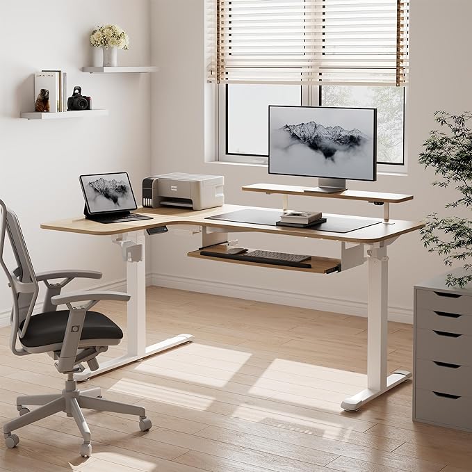 EUREKA ERGONOMIC Standing Desk Adjustable Height 61" Electric Sit Stand Computer Desk L Shaped with Keyboard Tray,Monitor Stand &LED, Dual Motor Memory Presets Sit to Desk Adjustable Desk, Left/Maple