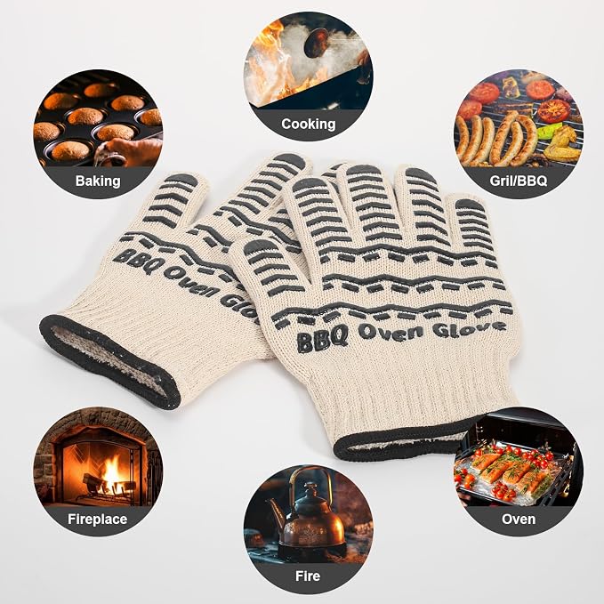 BBQ Gloves 932℉ Heat Resistant Oven Gloves, Cooking Gloves for BBQ, Grilling, Baking,Cutting, Smoker Fireplace-1 Pair (Black)