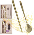 [5 Sets] [Made in Korea] Korean Sticky Rice Spoon Chopsticks Set Gold Titanium Plating 304 Stainless Steel Tableware Cutlery Set Mukbang Chopsticks (Korean Palace Pattern TITANIUM, 5 Sets)