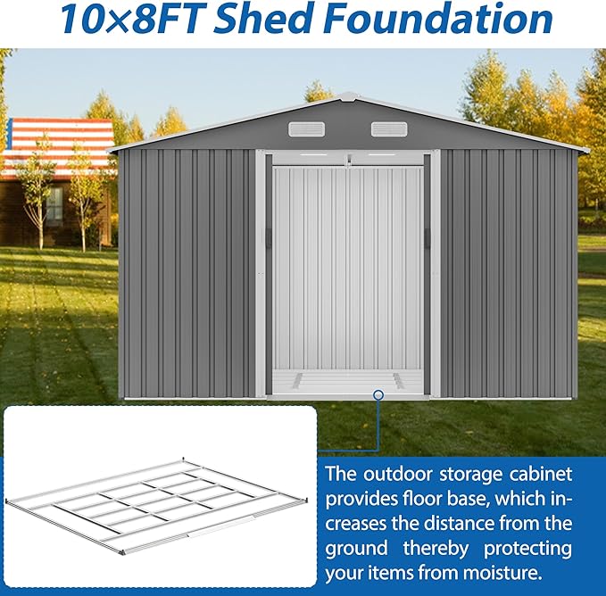 10X8 FT Outdoor Storage Shed with Galvanized Steel Construction & Lockable Doors,All Weather Garden Tool House Sheds W/Sliding Doors and Padlock,for Patio,Backyard,Lawn,Gray